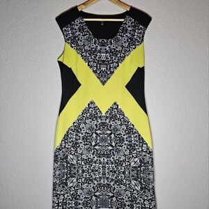 I Le New York Sheath Dress Cap Sleeveless Black Green Geometric Side Zip